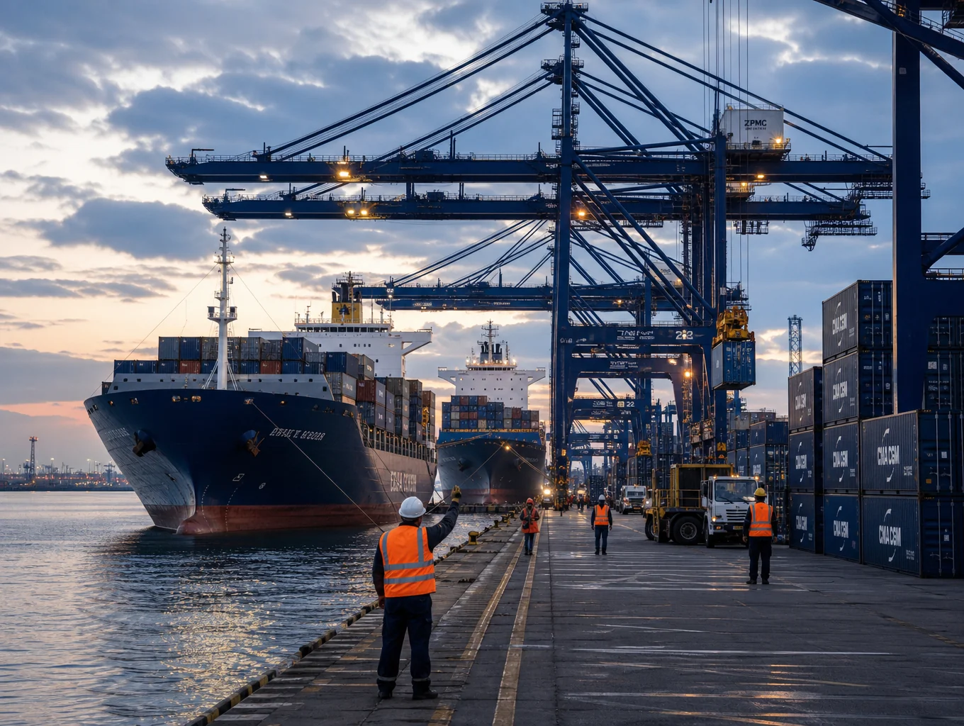 Containerhafen mit Kränen und Frachtschiff bei Nacht